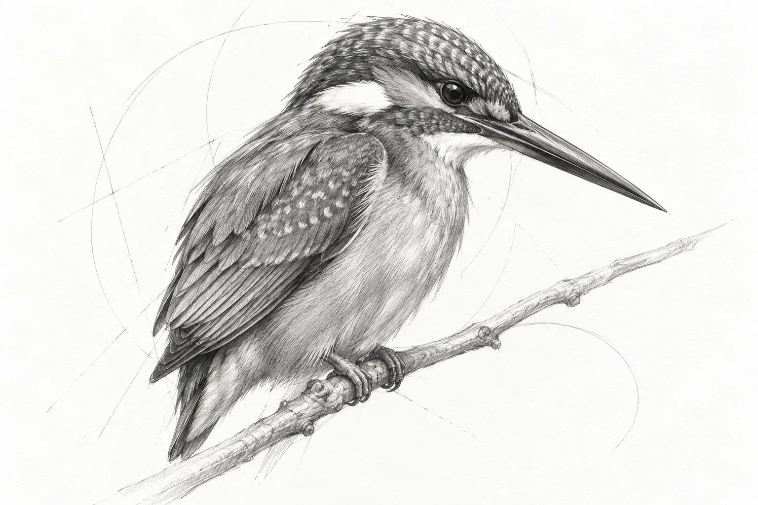 Graphite kingfisher gesture and feather-group study