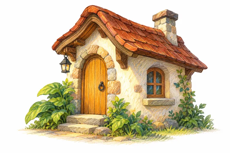 Colored-pencil illustration of a small woodland cottage detail with layered warm roof and green leaves on white paper