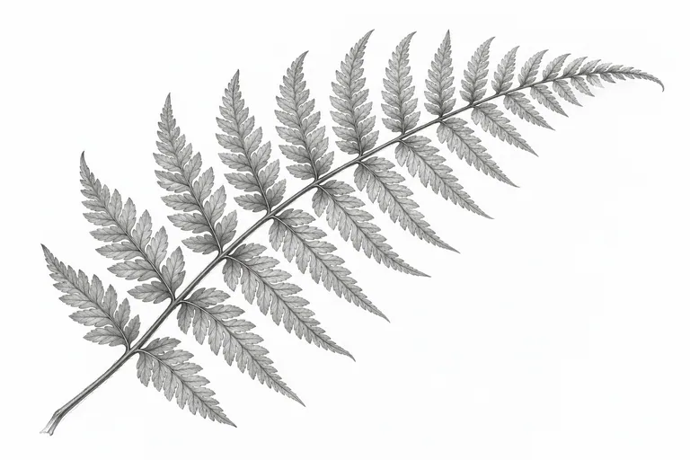 Graphite study of one curved fern frond with varied leaflet lengths and clear white gaps