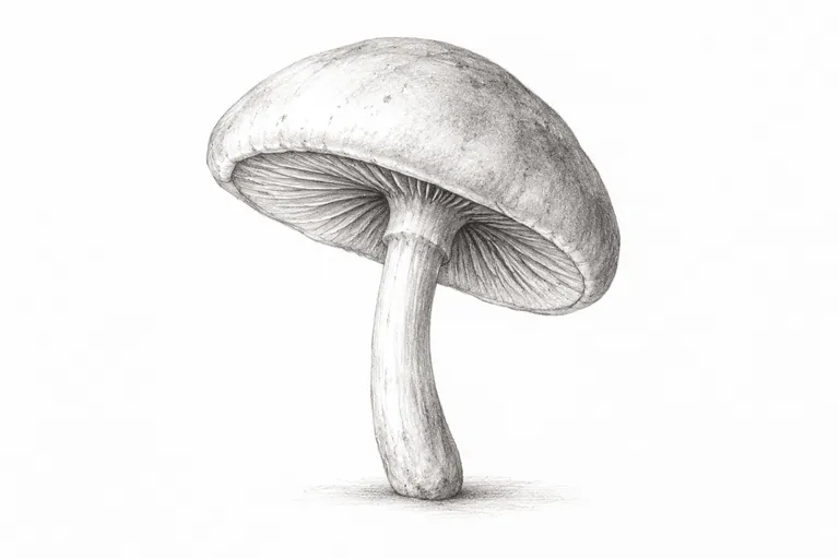 Graphite mushroom drawing with a tilted rounded cap, pale stem, visible underside and selective gill marks