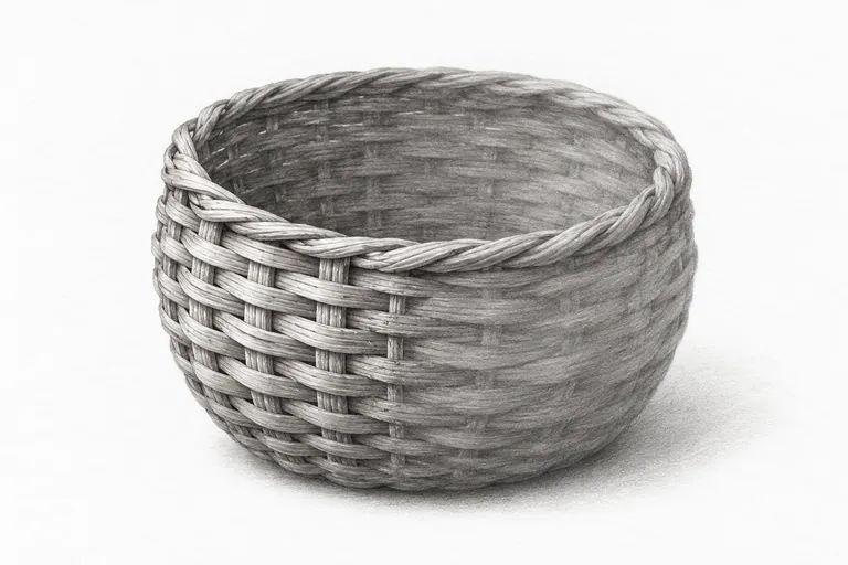 Graphite drawing of a small woven basket with an oval opening and selective curved weave marks