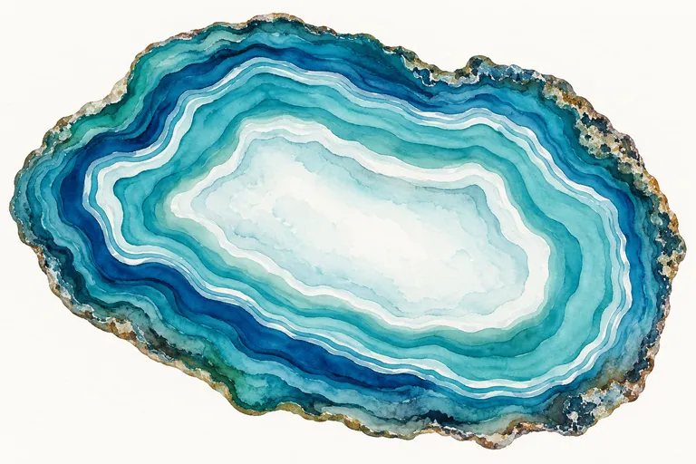 Illustrative teal watercolor agate slice with irregular bands and pale channels