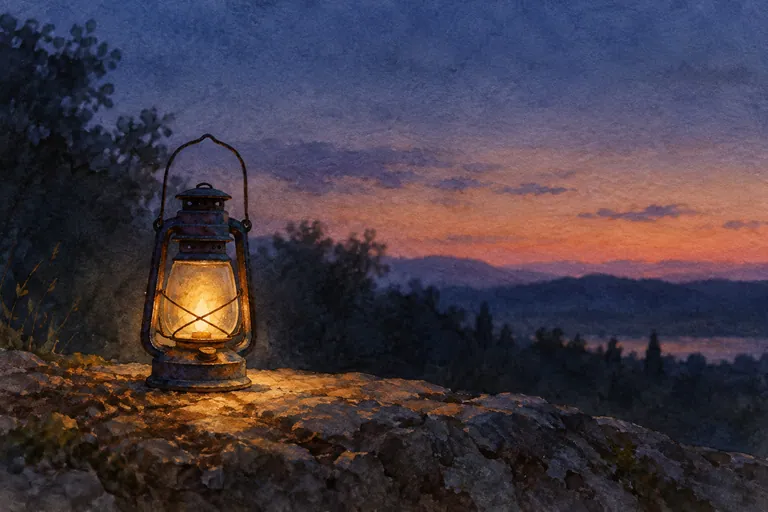 Illustrative watercolor lantern at dusk with a pale amber light and dark indigo frame