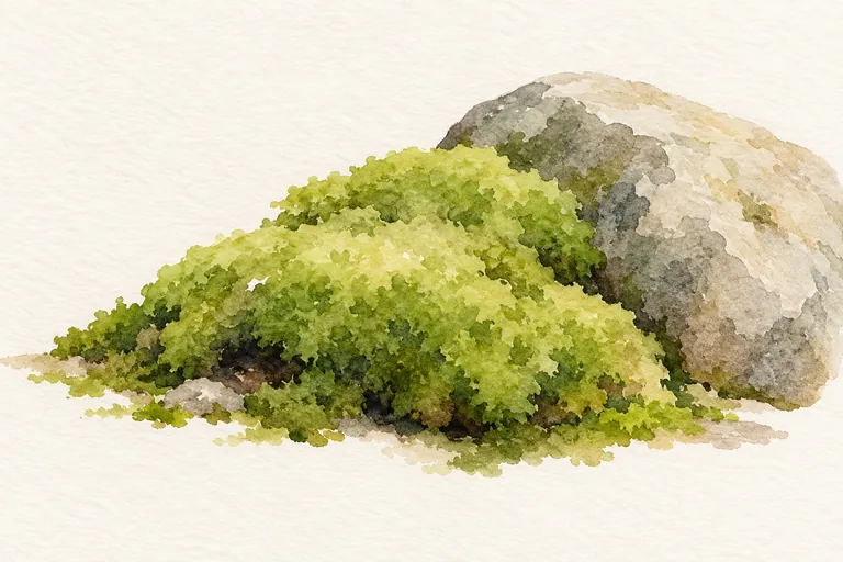 Illustrative watercolor moss mound with olive and sage clusters beside a grey rock