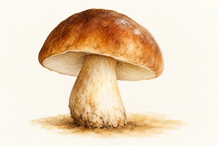 Illustrative watercolor mushroom with a warm brown cap, pale stem and quiet ground shadow