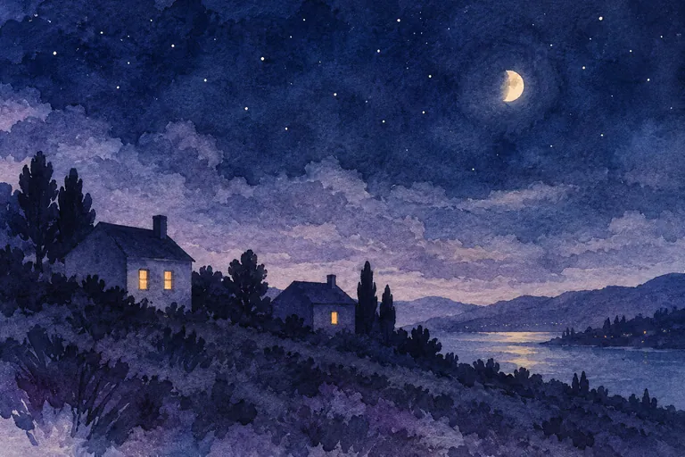 Illustrative watercolor night scene with indigo house silhouettes and pale amber windows