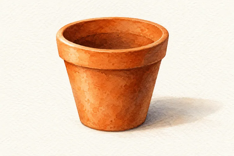 Illustrative watercolor terracotta pot with a readable oval rim and shadow extending right