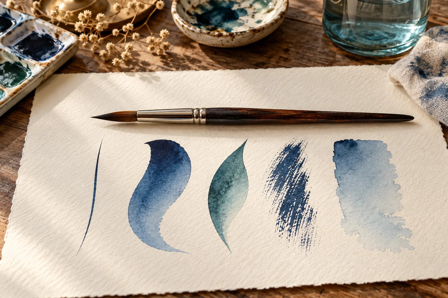 Five distinct watercolor round-brush strokes beside a pointed brush