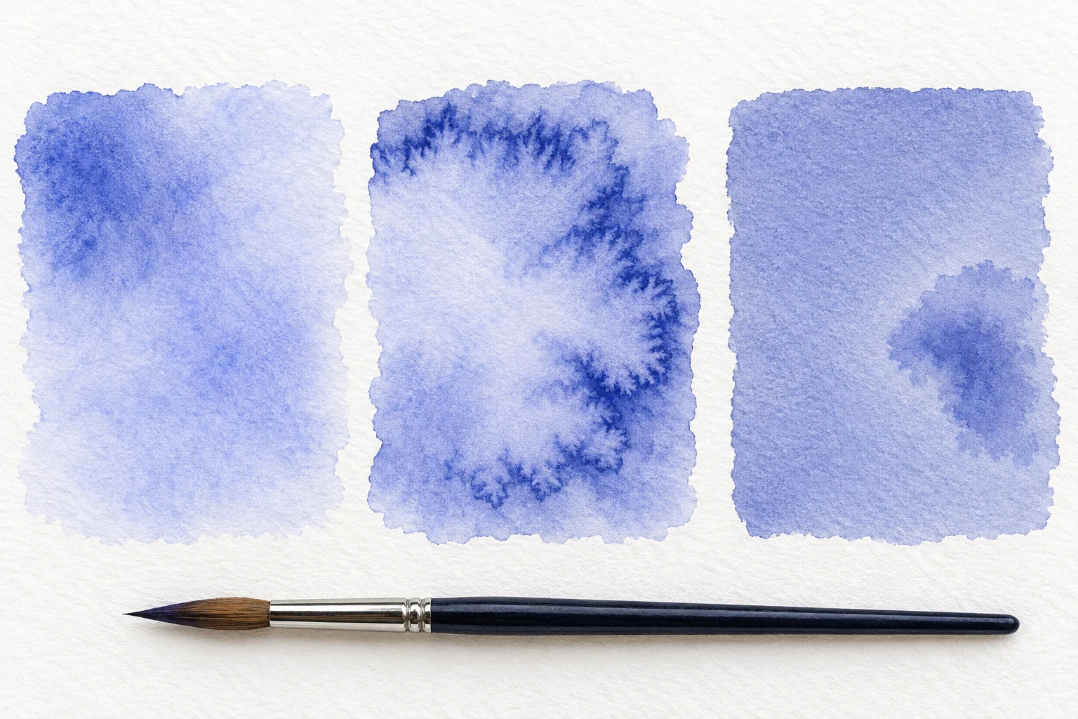 AI-created editorial watercolor comparison of three blue-violet washes with dispersed, cauliflower-edged and rewet marks