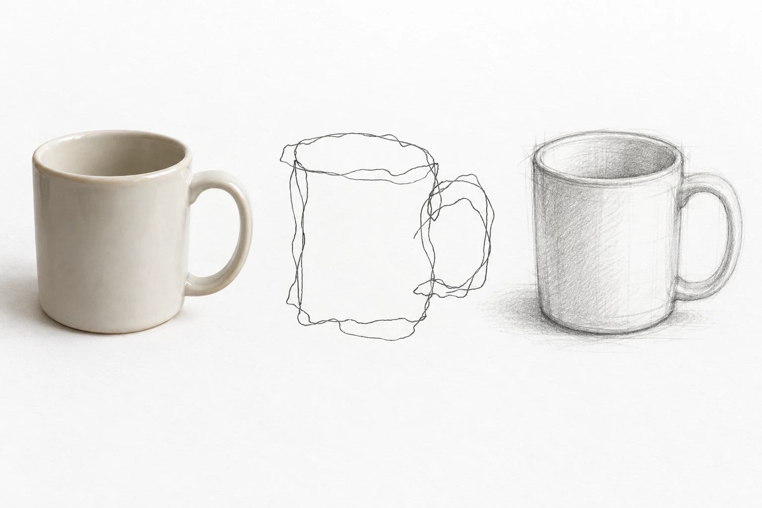 AI-created editorial reference of a ceramic mug beside an irregular continuous-line contour and a separate observed pencil sketch