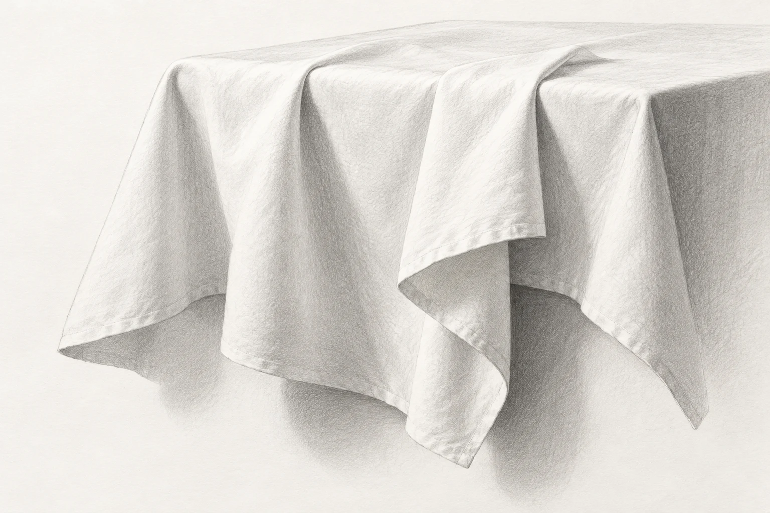 AI-created editorial graphite study of a plain cloth over a table edge with three broad folds, soft shading and a crisp overlap
