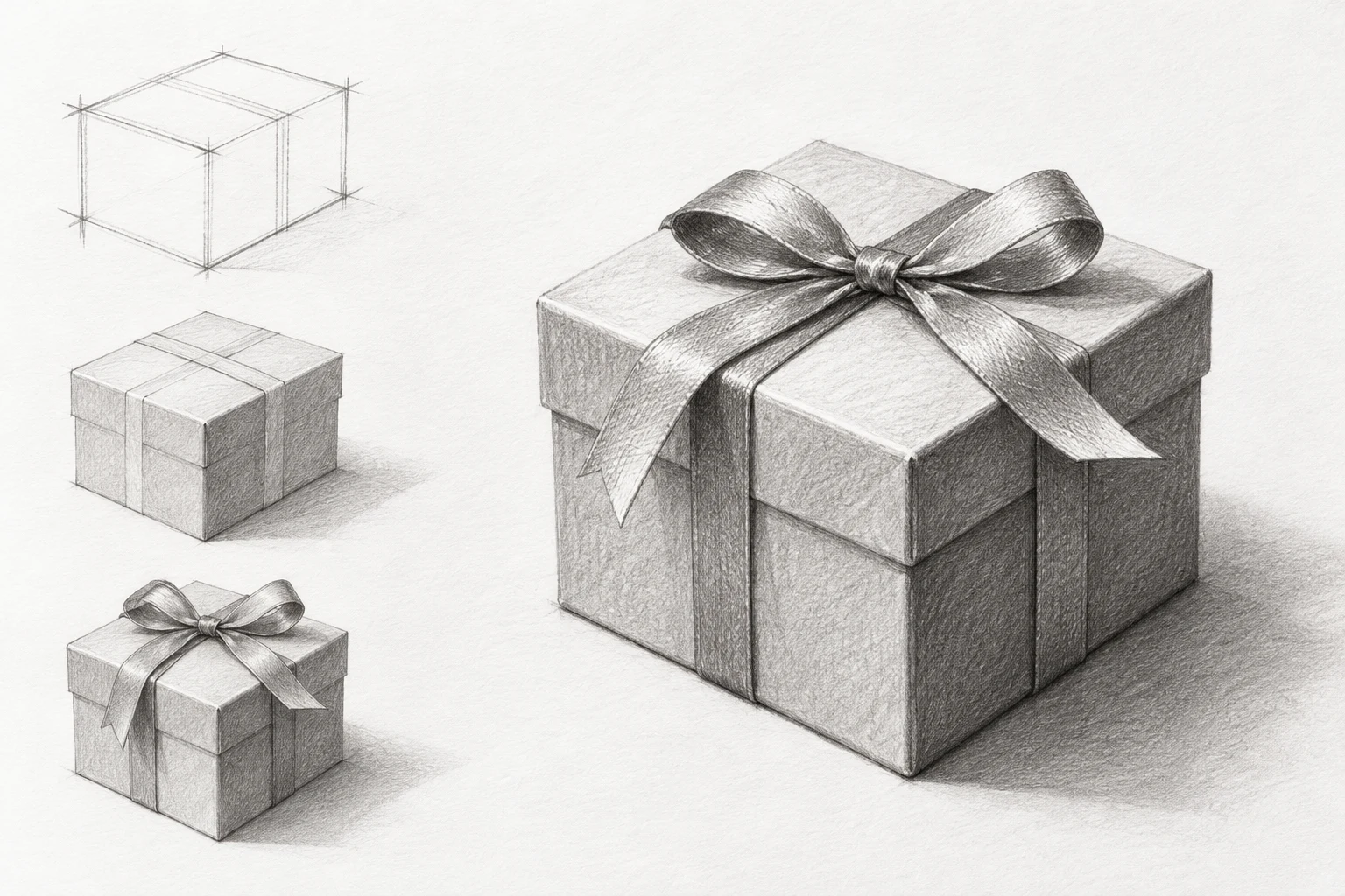 AI-created graphite illustration of a wrapped gift box with ribbon, bow and three schematic drawing stages