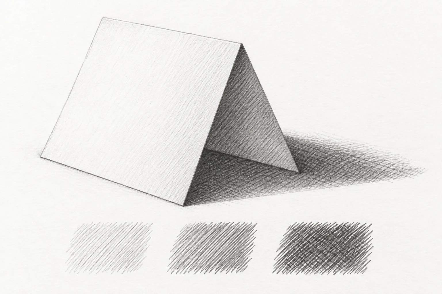 AI-created graphite illustration of a folded-paper form shaded with distinct hatching and cross-hatching strokes