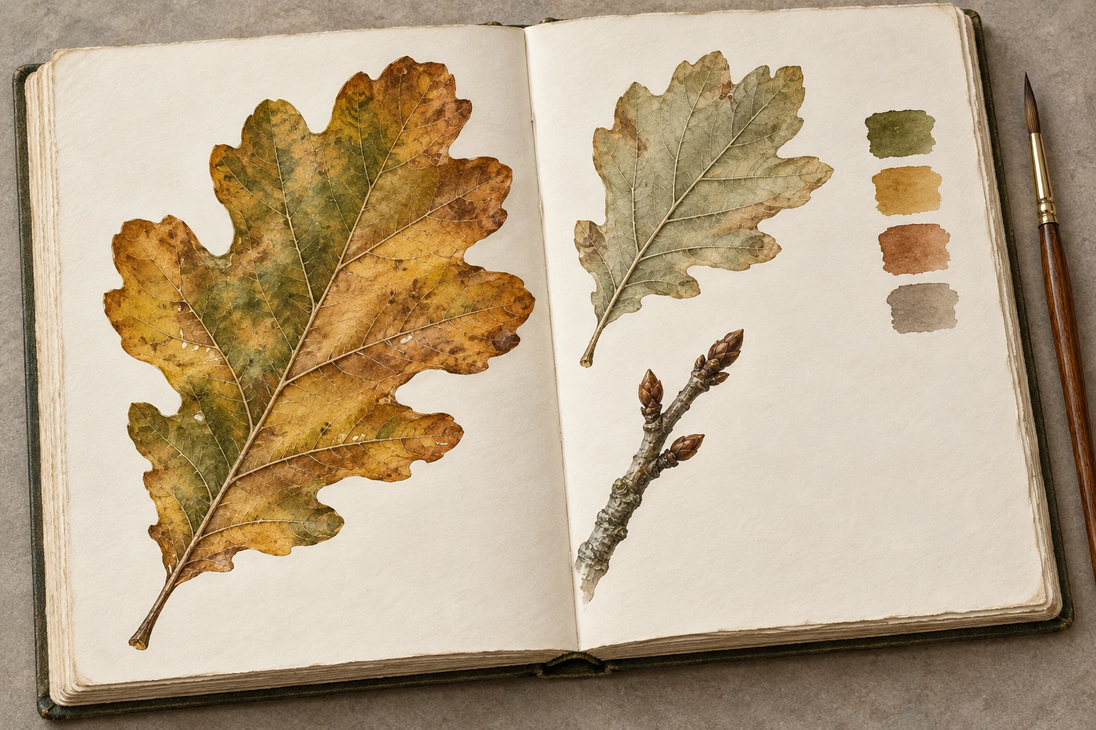 AI-created watercolor field-notes layout with a leaf, small twig study, color swatches and blank note areas