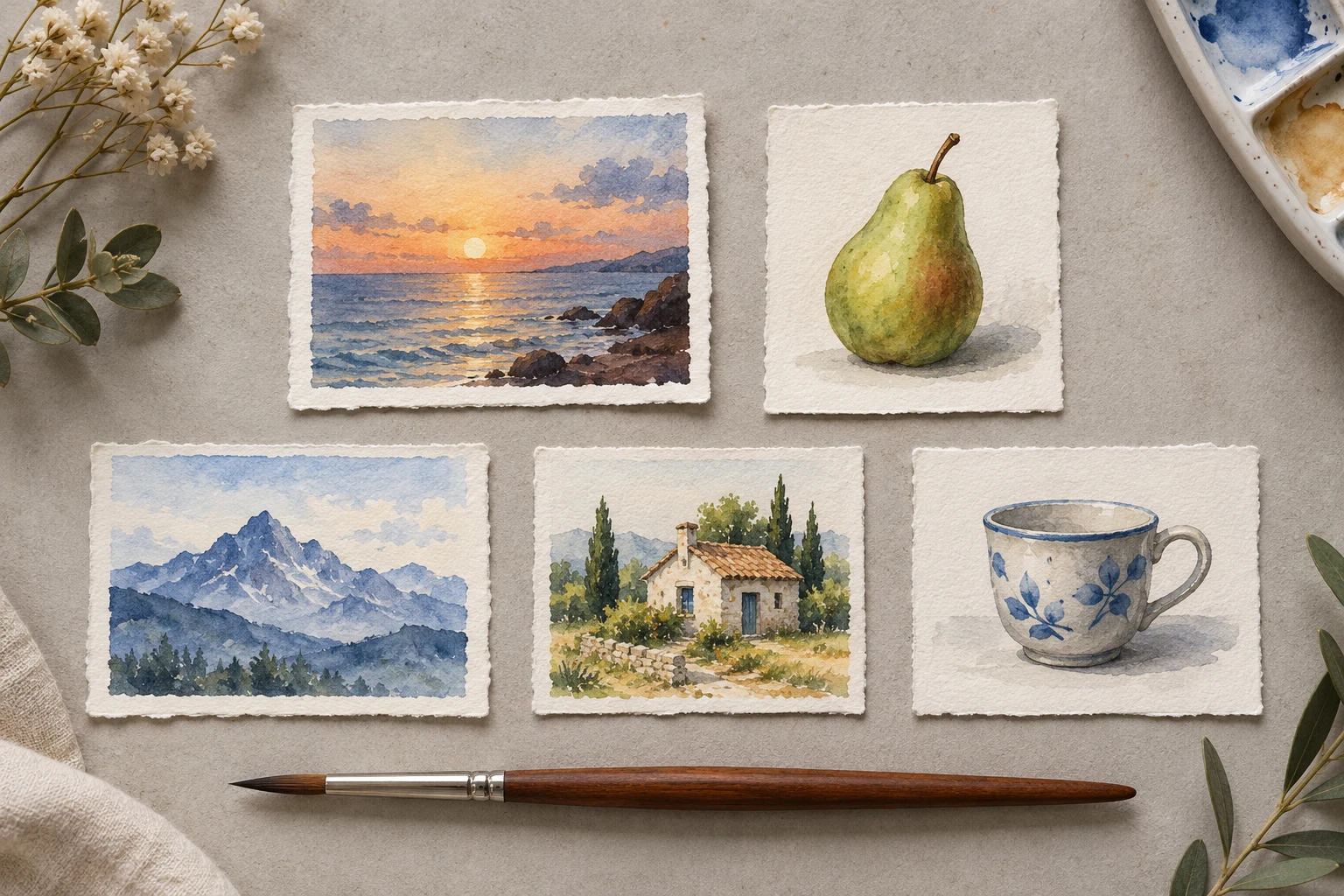 AI-created editorial illustration of five miniature watercolor studies: sea sunset, pear, mountain, cottage and cup