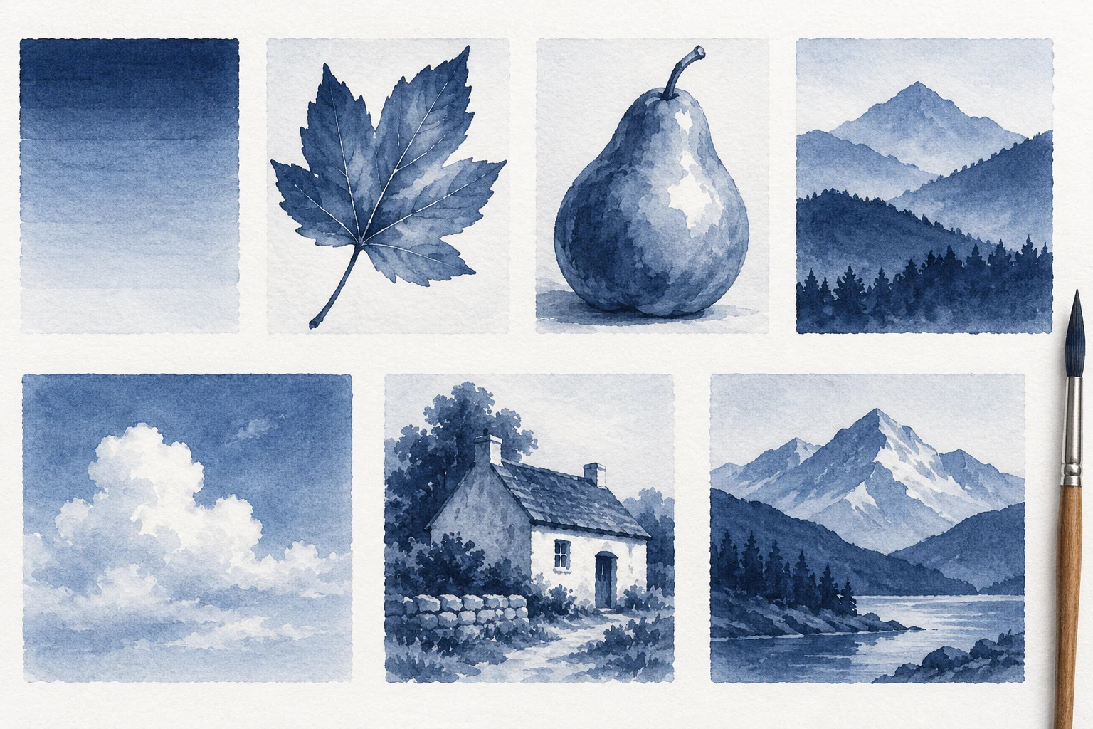 AI-created editorial reference of seven small monochrome indigo watercolor studies with clearly varied light and dark values