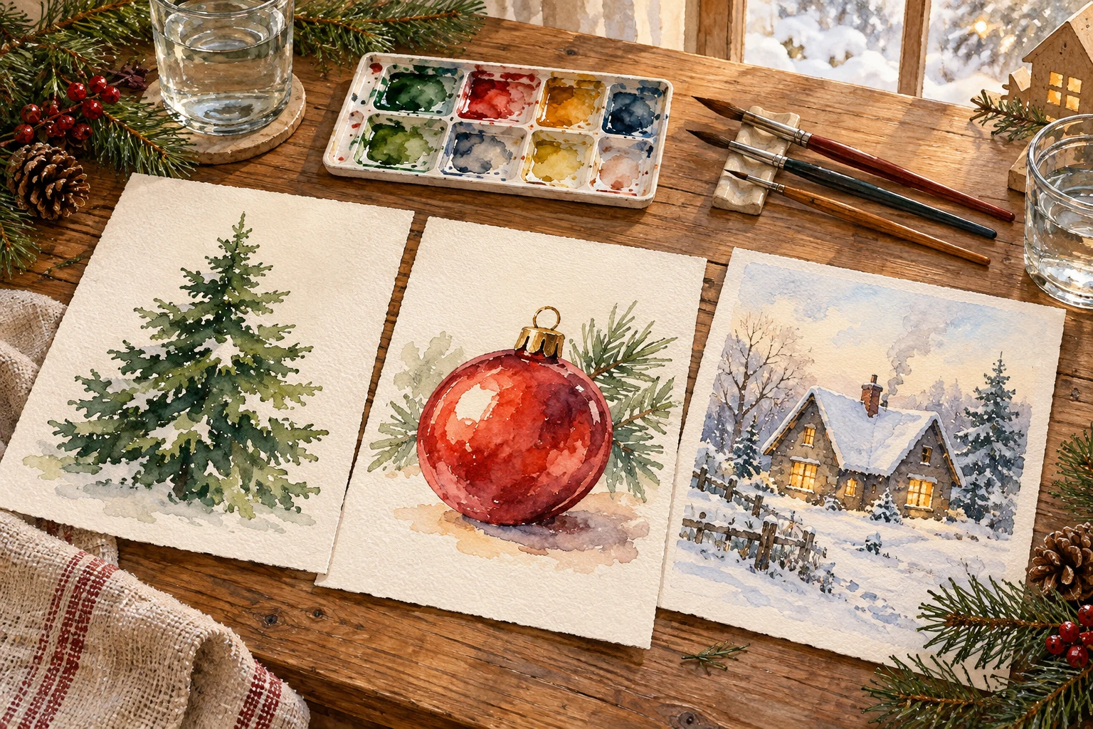 AI-created festive watercolor studio arrangement with three small project paintings: evergreen, bauble and winter cottage; no people
