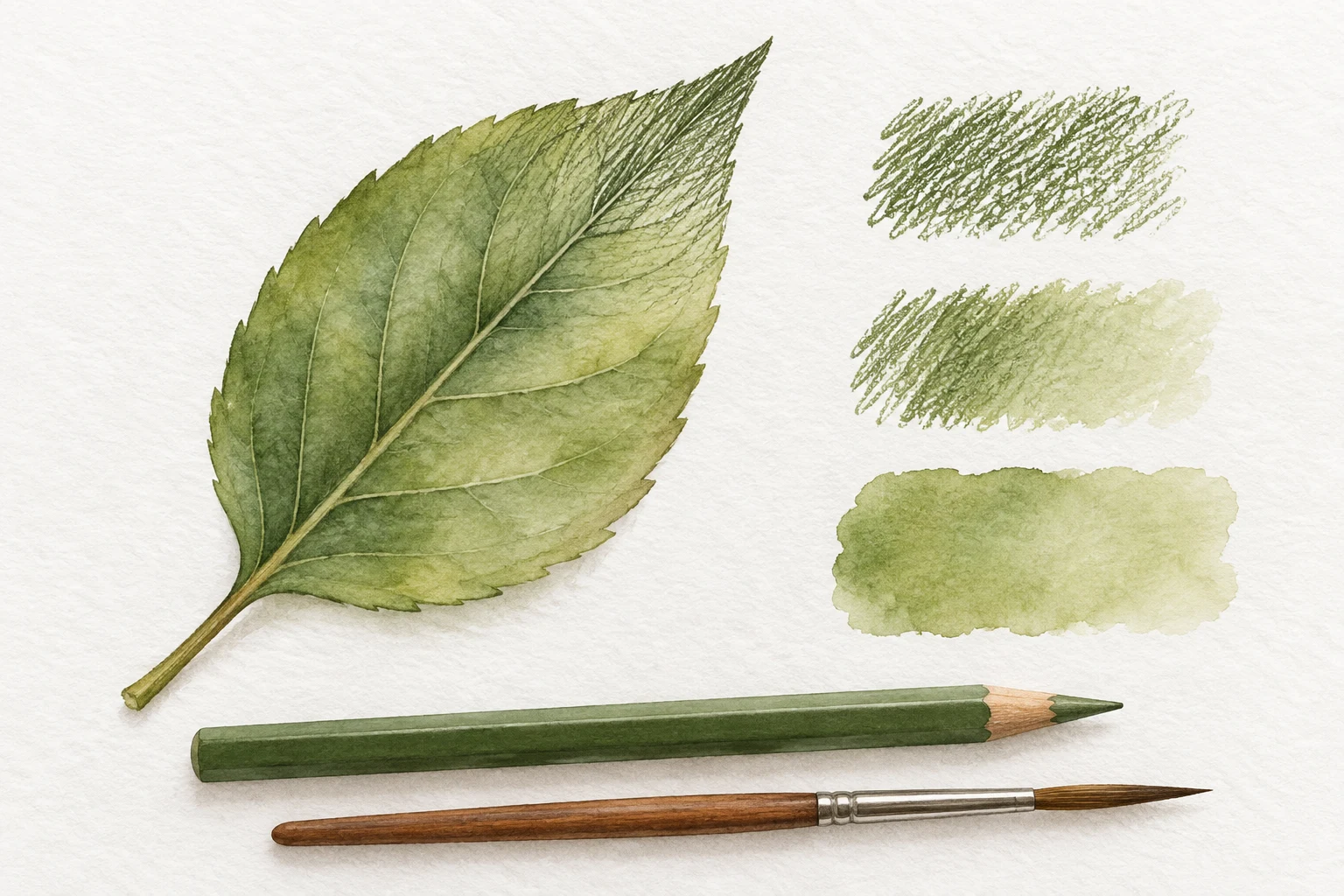AI-created editorial leaf study combining olive-green pencil marks and a soft wash beside three small texture swatches