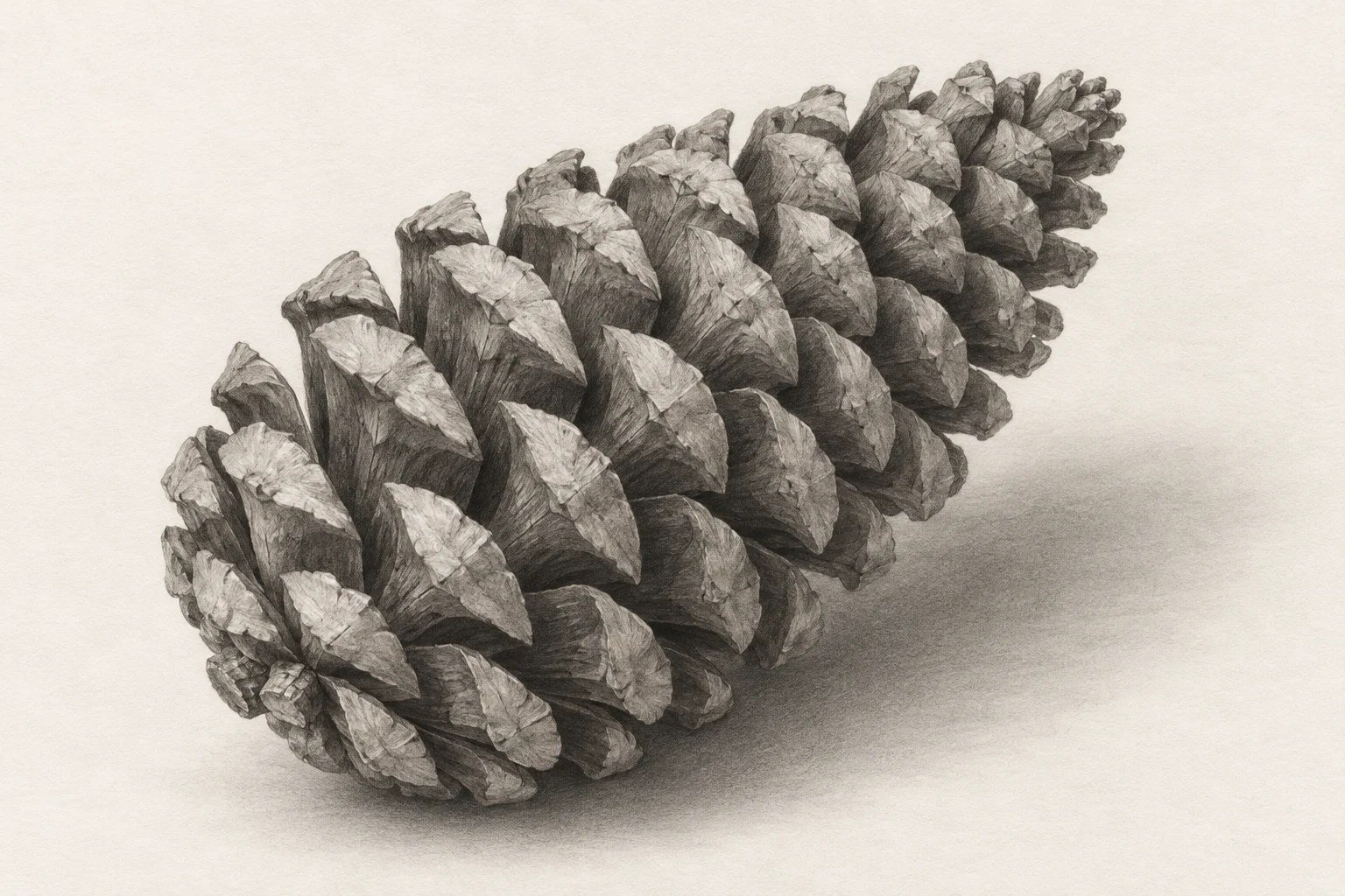 AI-created graphite reference of an open pine cone with overlapping scales and a soft cast shadow