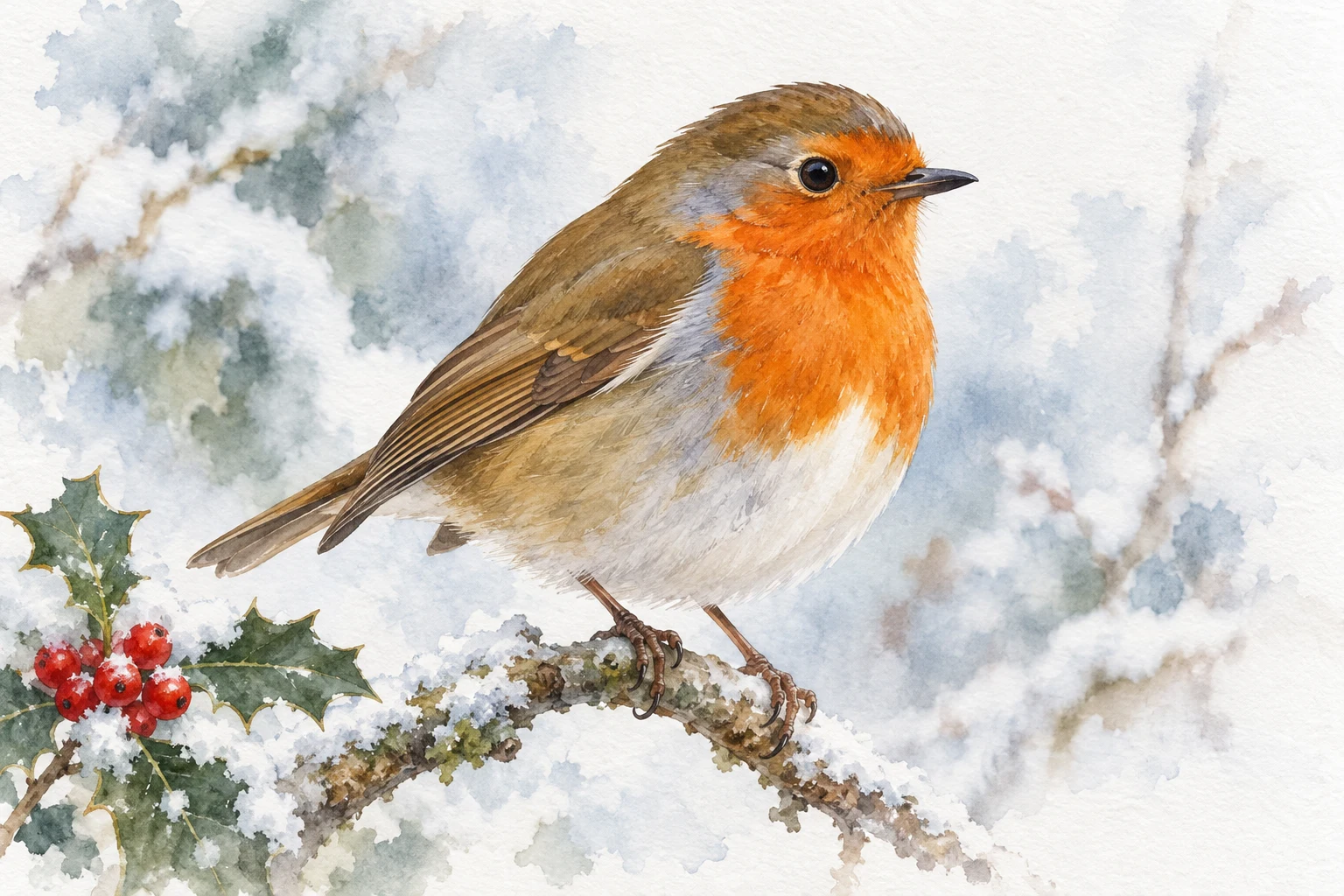 AI-created watercolor reference of a winter robin with an orange-red breast on a snowy twig