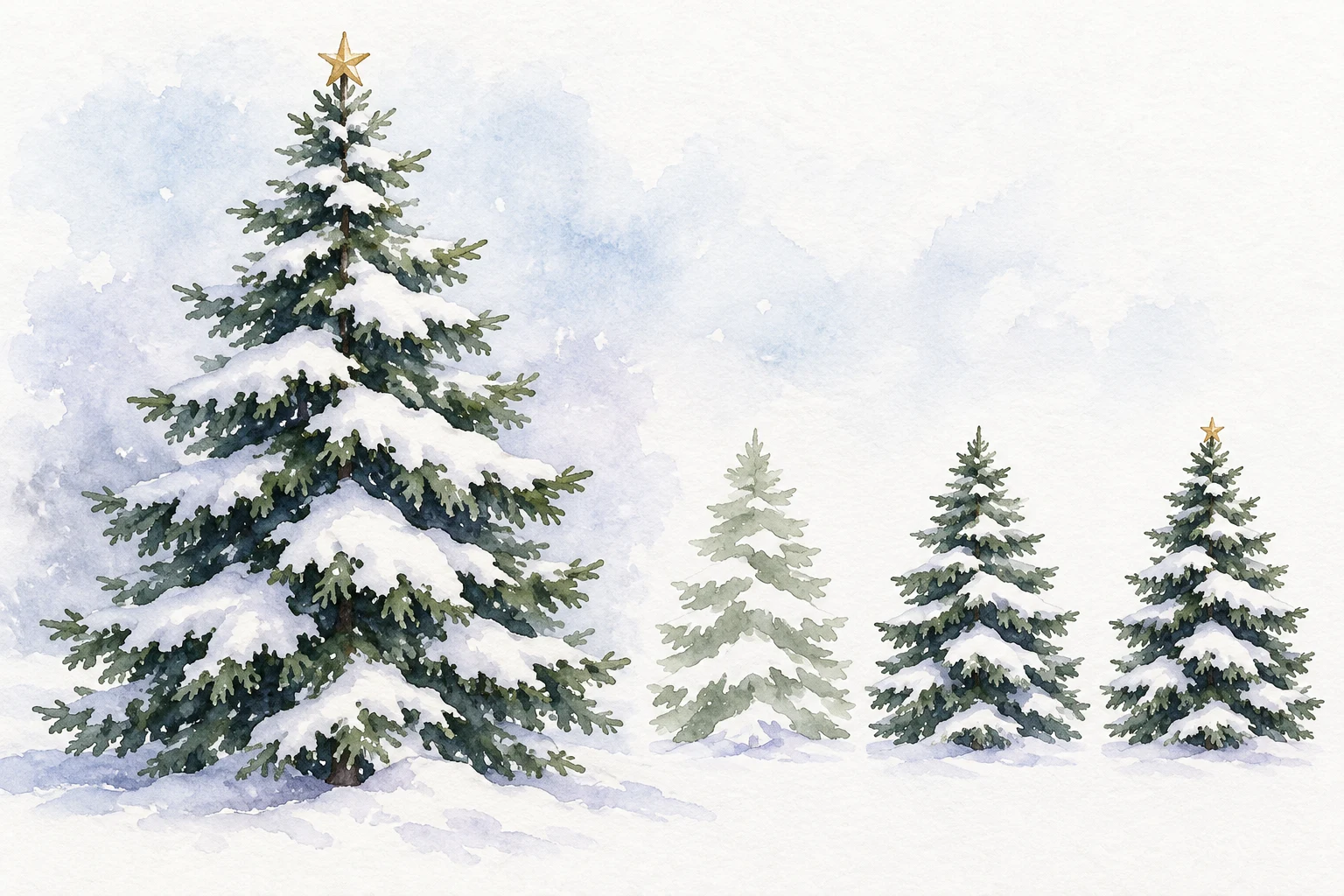 AI-created watercolor study of a snowy evergreen and three illustrative stages on white paper