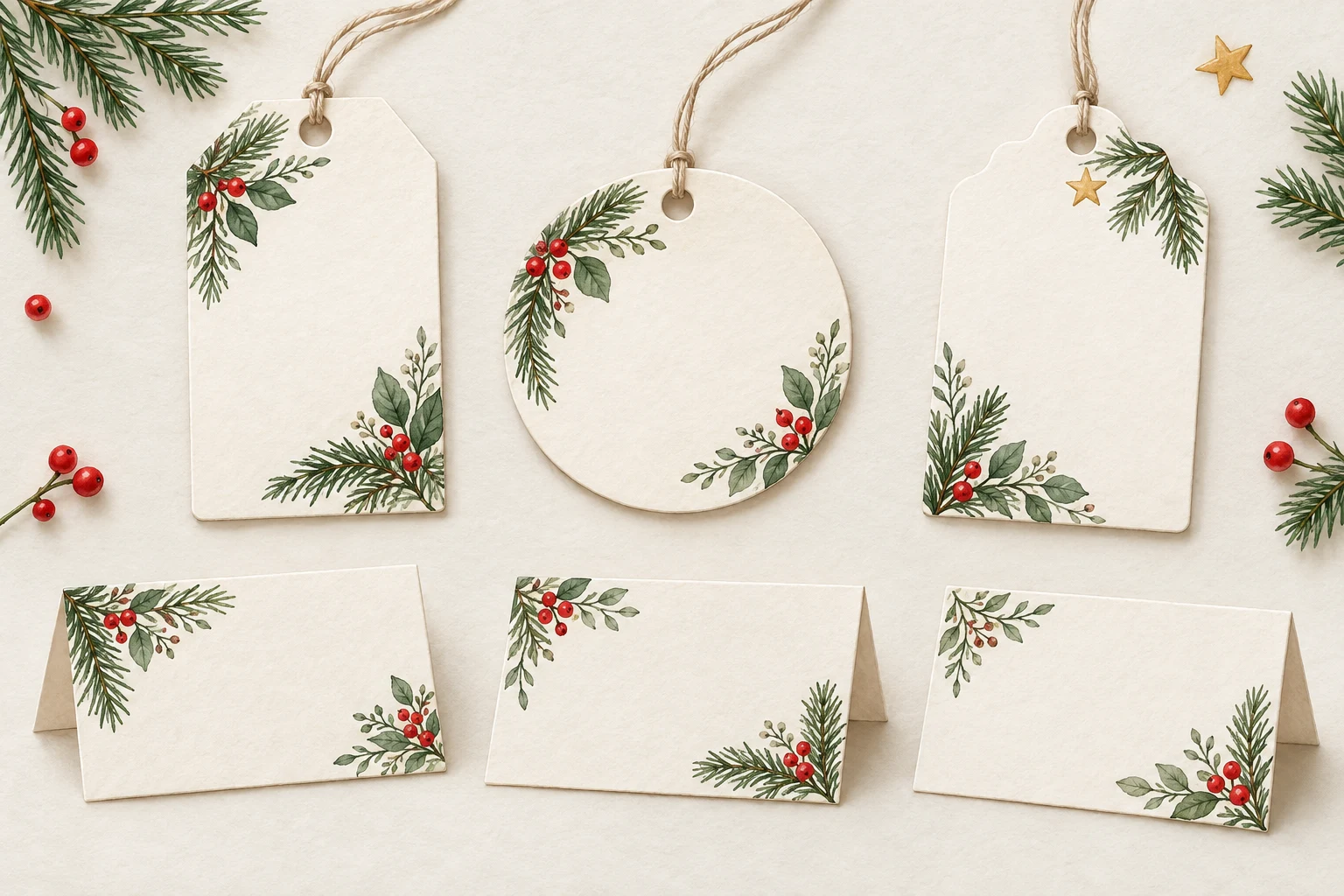 AI-created watercolor design references of evergreen gift tags and folded holiday place cards with deliberately blank writing areas