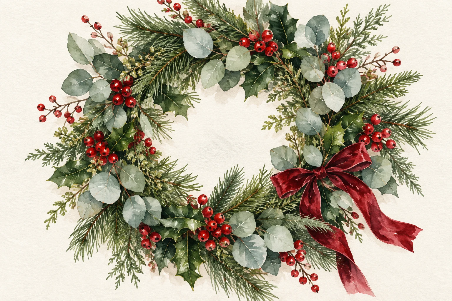 How to Paint a Christmas Wreath in Watercolor: Evergreen, Holly and Berries — original illustrative study