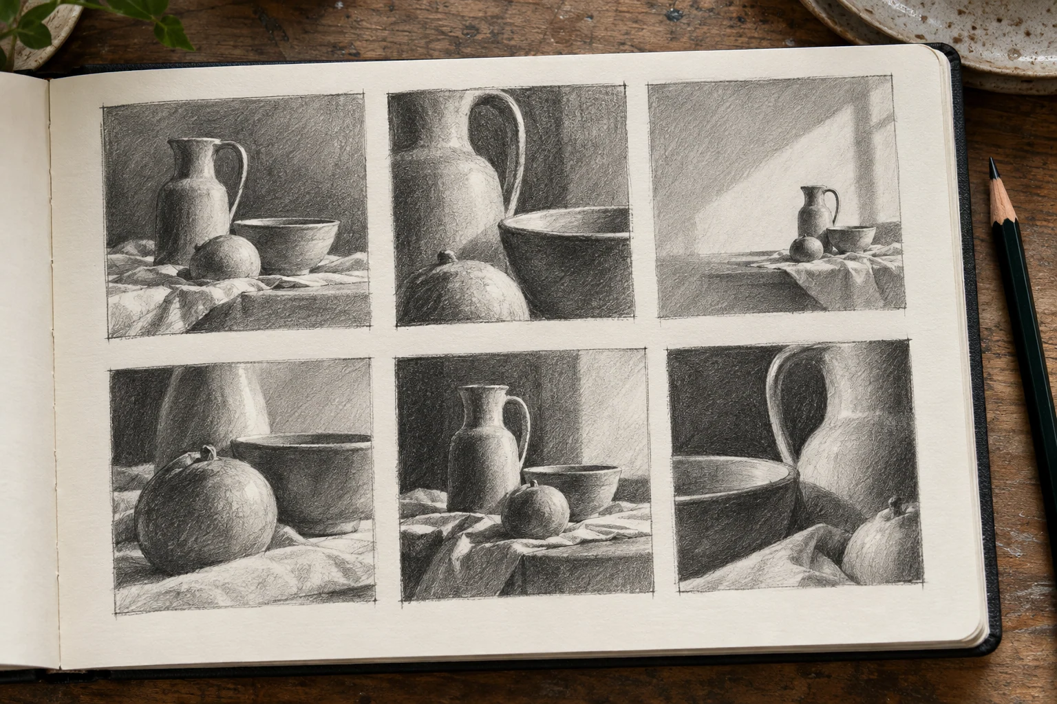 Six graphite composition thumbnails exploring crop, value and focal placement