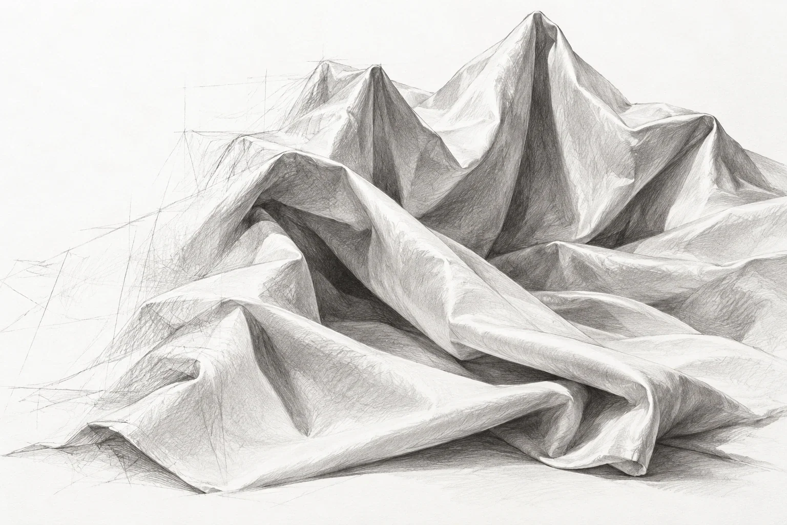 Graphite folds of fabric with sculptural tonal contrasts