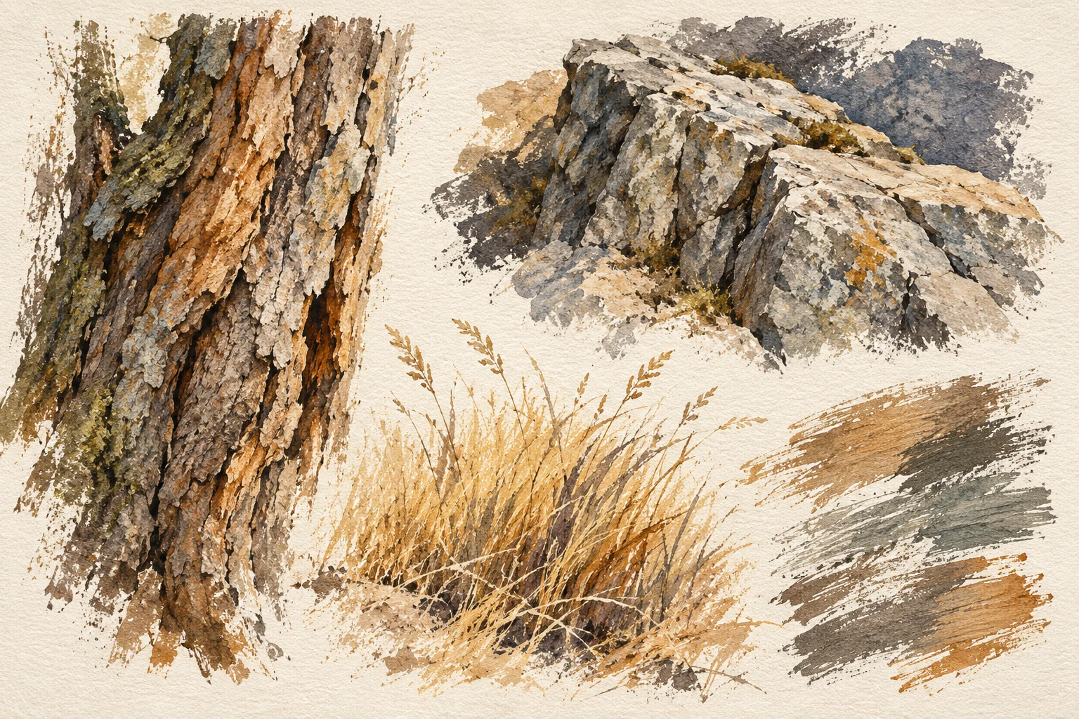 Dry Brush Watercolor: Paint Bark, Stone and Grass Textures — original illustrative study