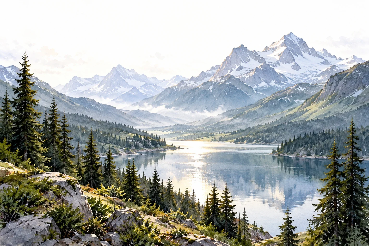 Watercolor valley with overlapping mountains, lake and foreground evergreens