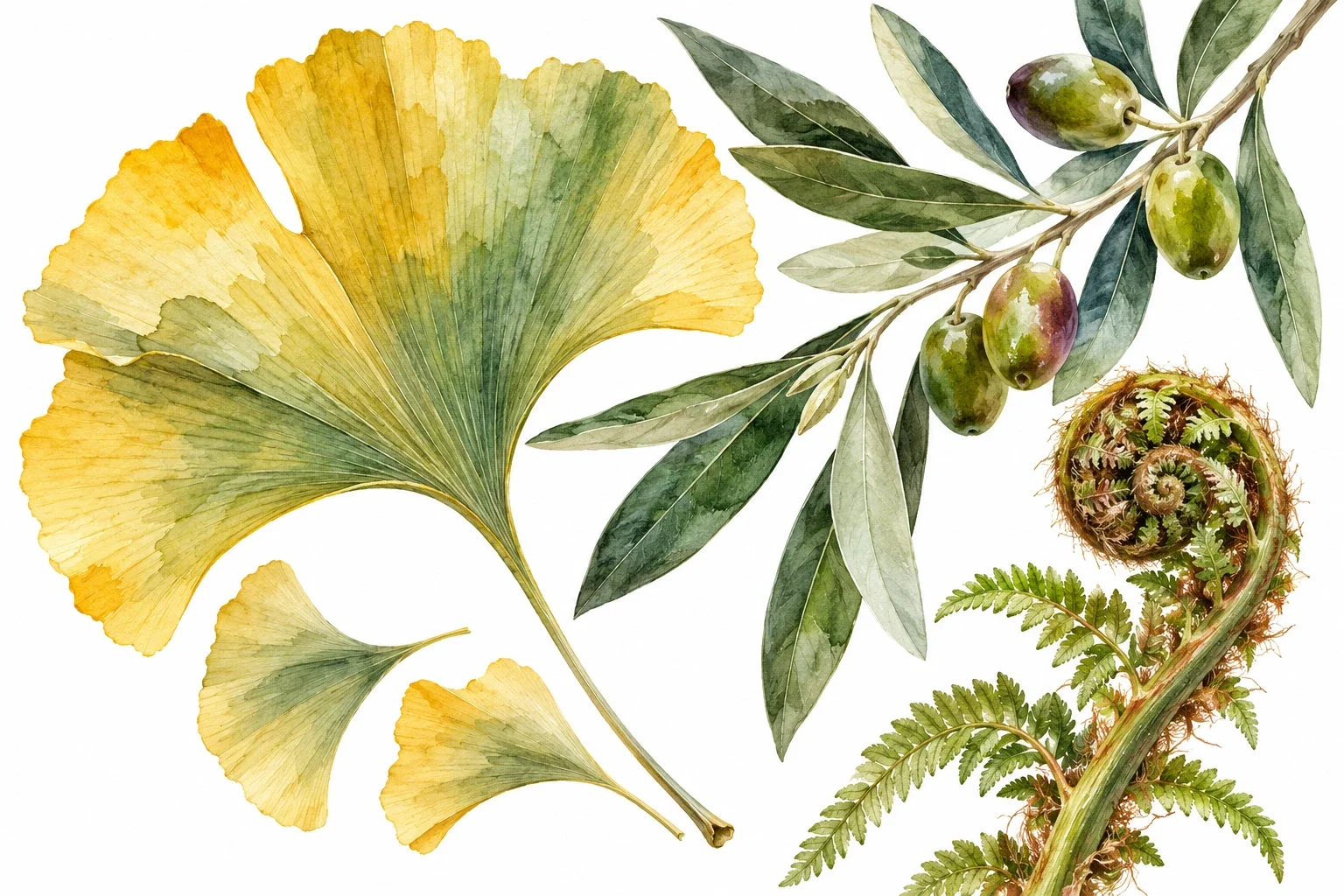 Watercolor ginkgo, olive leaf and fern studies