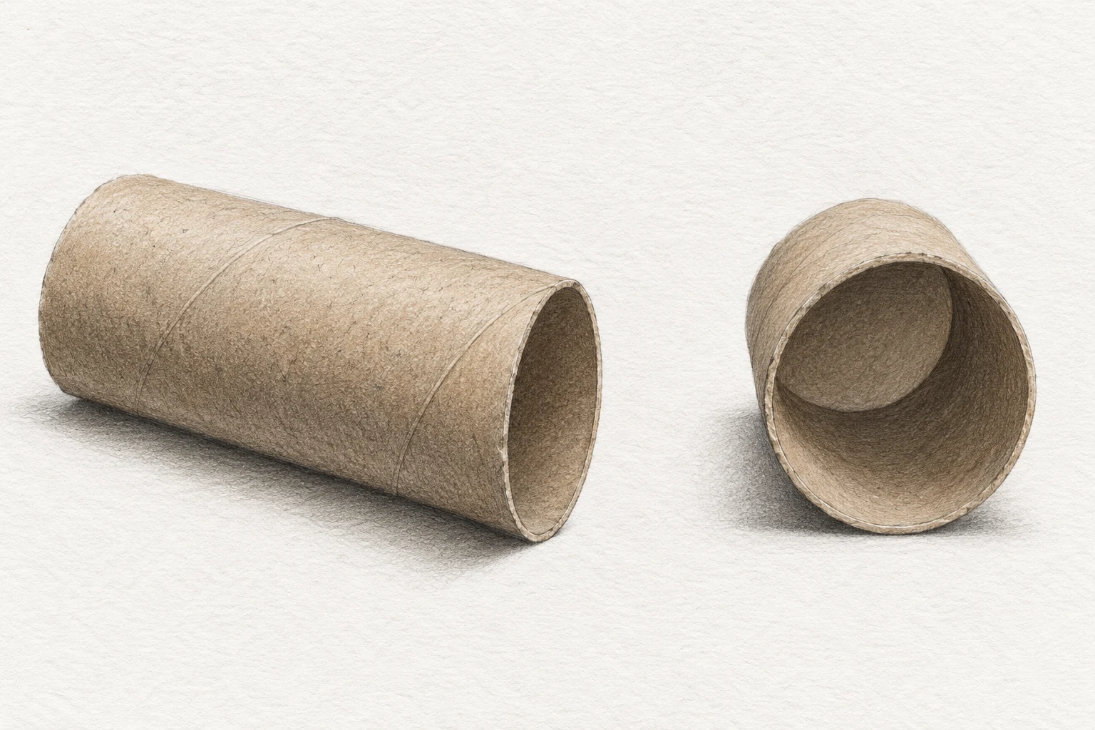 AI-created graphite comparison of a cardboard tube seen mostly side-on and more end-on, illustrating a change of viewpoint