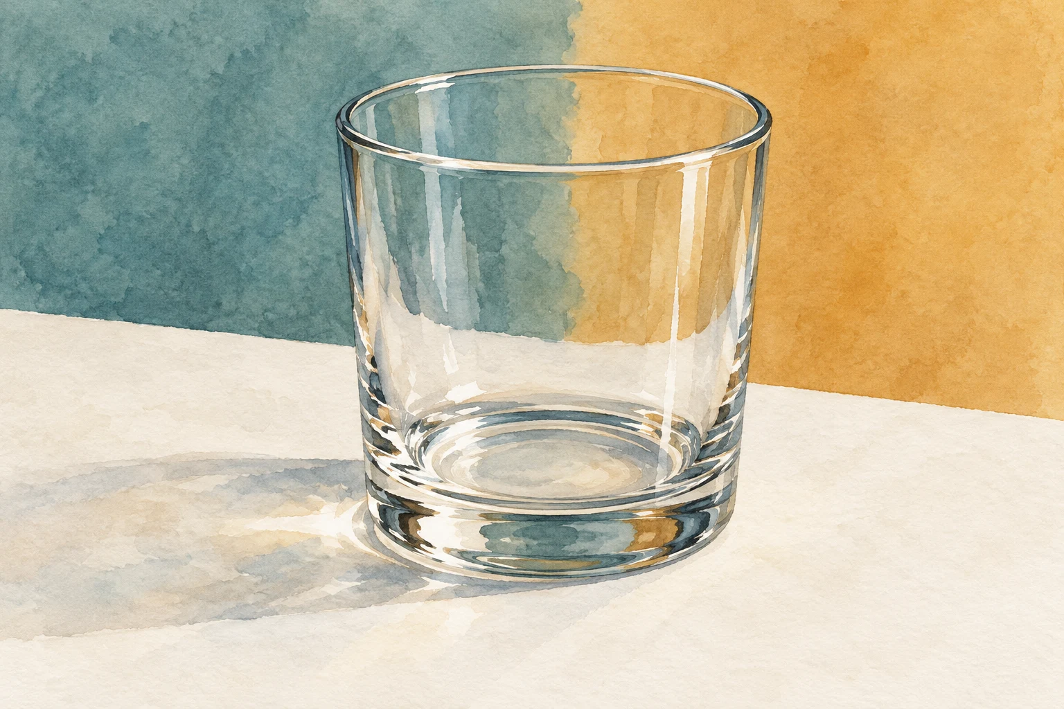 AI-created watercolor clear tumbler with teal and ochre background shapes visible through it, reserved highlights and selective rim accents