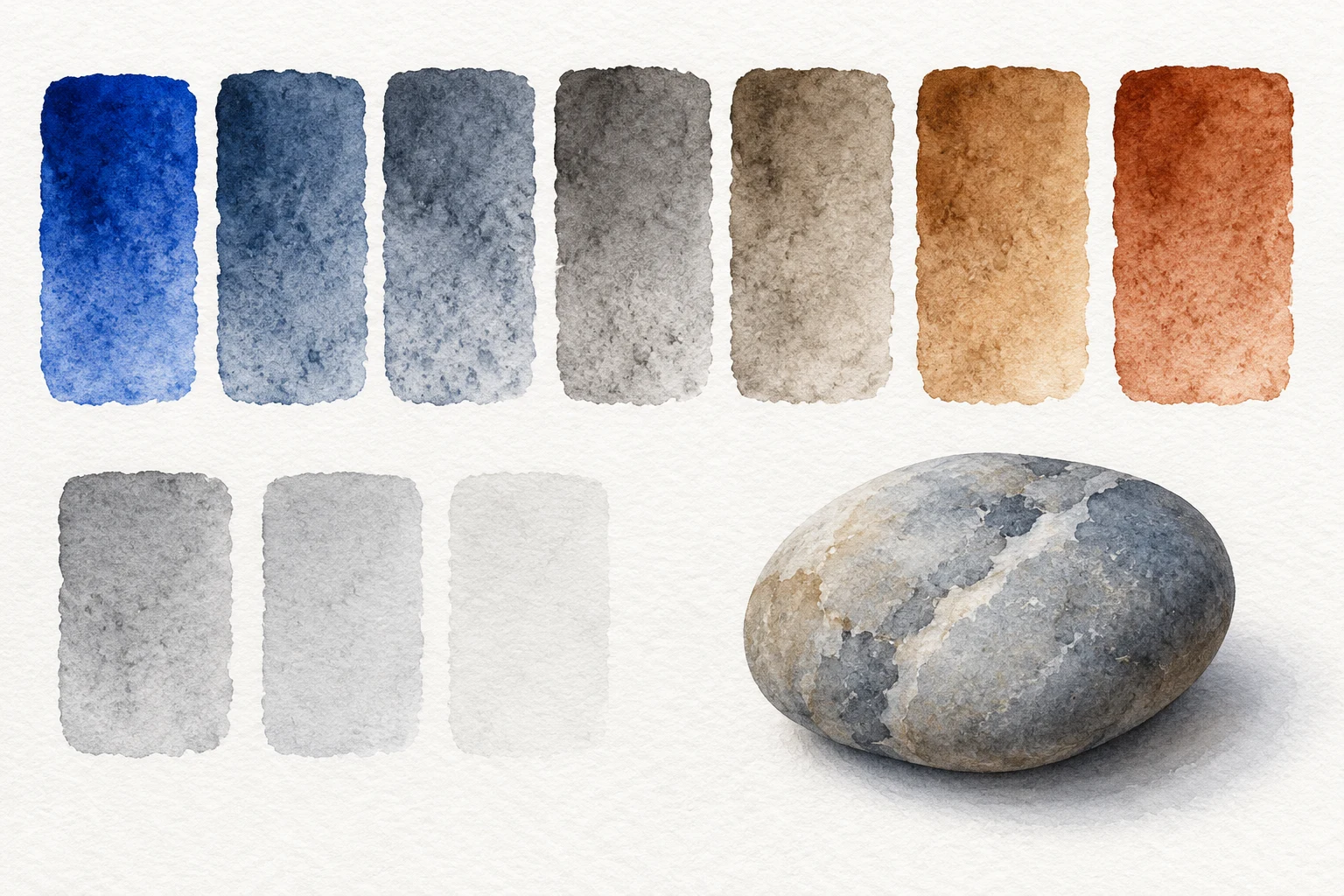 AI-created watercolor mixing strip from ultramarine through smoky gray to burnt sienna with a separate dilution row and pebble study