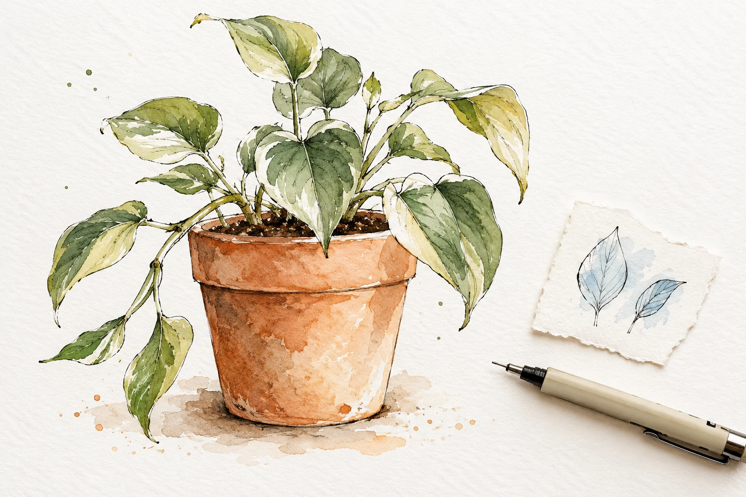 AI-created line-and-wash houseplant with selective ink contours, green and sienna washes and a small ink-test offcut