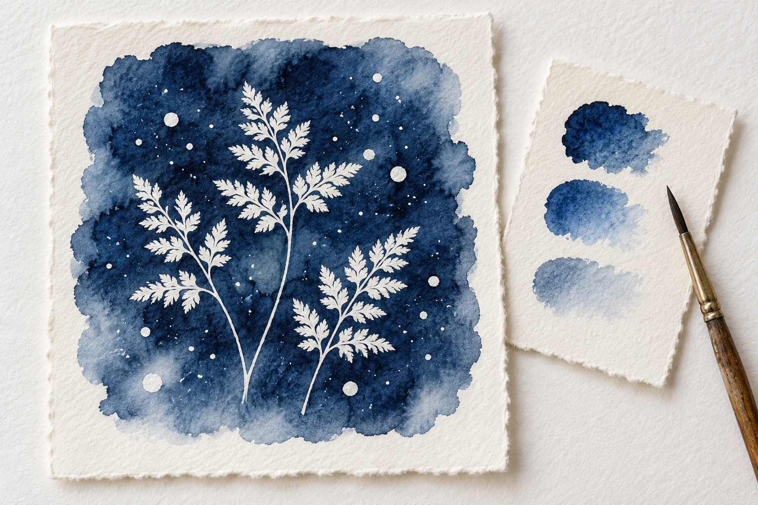 AI-created indigo watercolor illustration with reserved white botanical stems and a separate test offcut