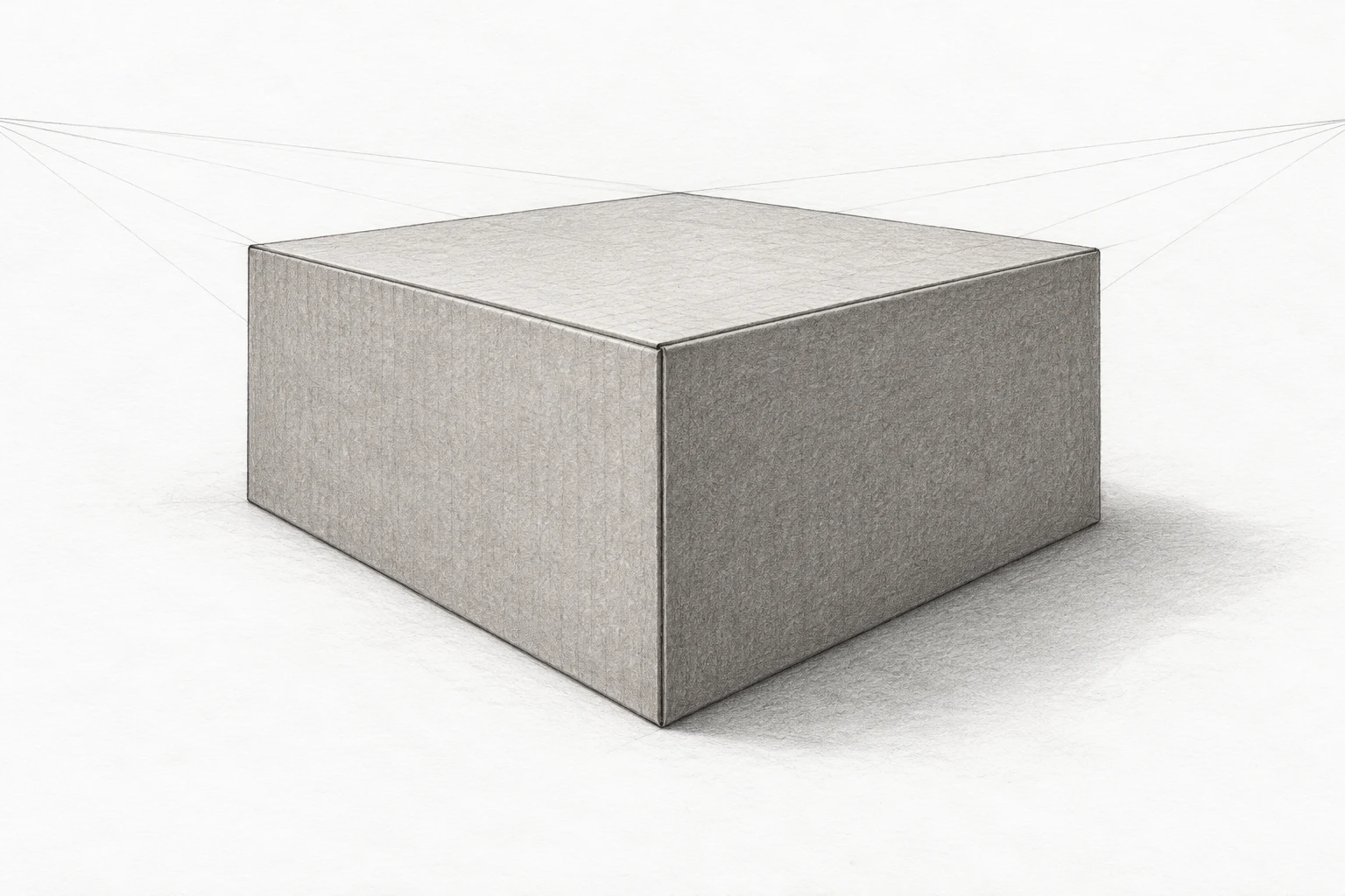 AI-created graphite box seen from a corner with three visible planes and faint conceptual perspective extensions