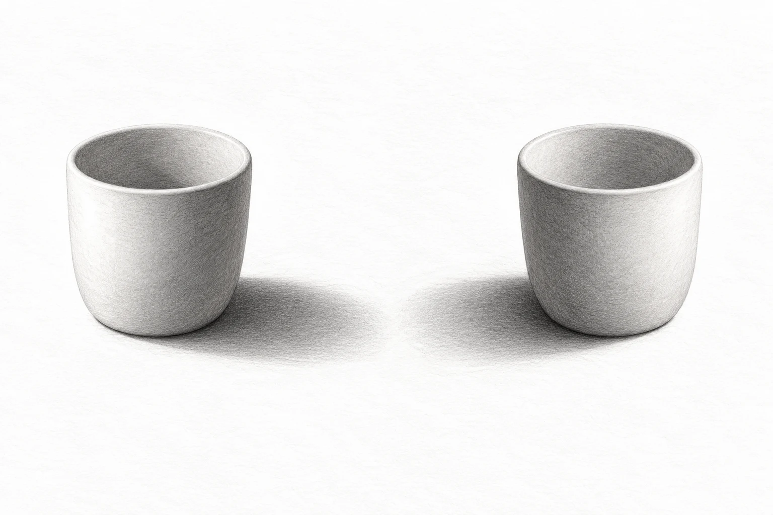 AI-created paired graphite cup studies with the cast shadow extending right under left light and left under right light