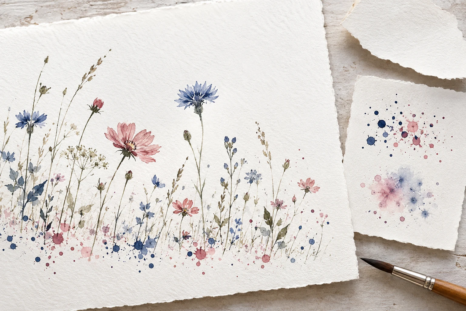 AI-created watercolor meadow illustration with sparse pigment droplets, separate test marks and a loose paper shield