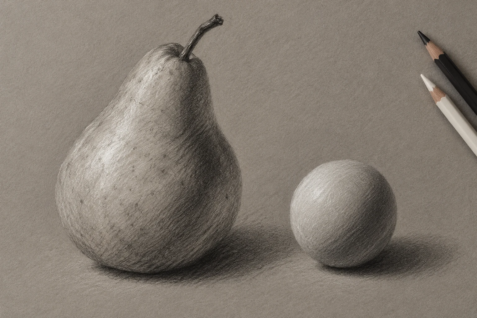AI-created charcoal and white-pencil pear and sphere study on gray paper, with untouched midtone passages