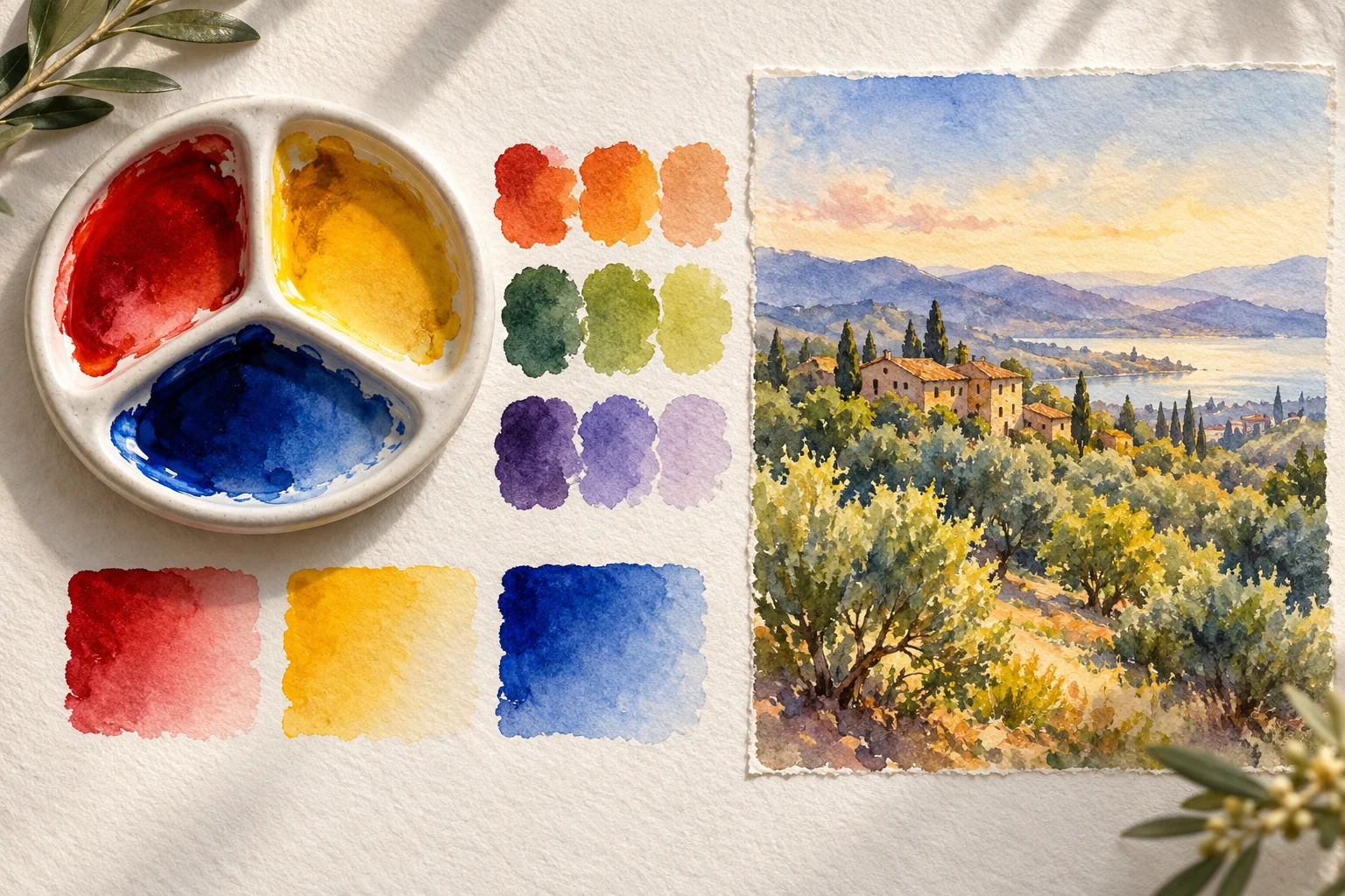 Three-color watercolor palette, mixture swatches and a small landscape study