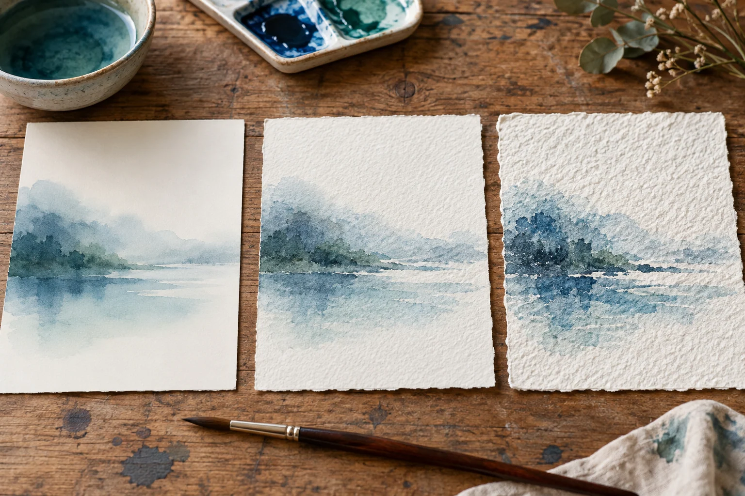 Three watercolor paper surfaces compared with the same blue-green landscape wash