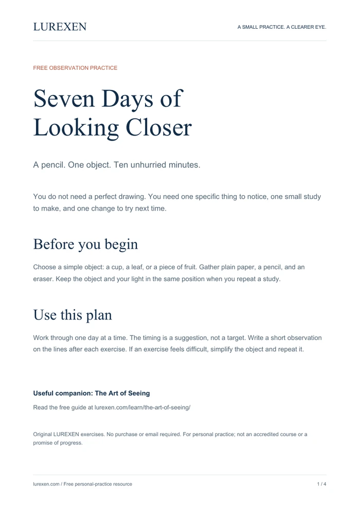 Cover of the original LUREXEN Seven Days of Looking Closer practice PDF