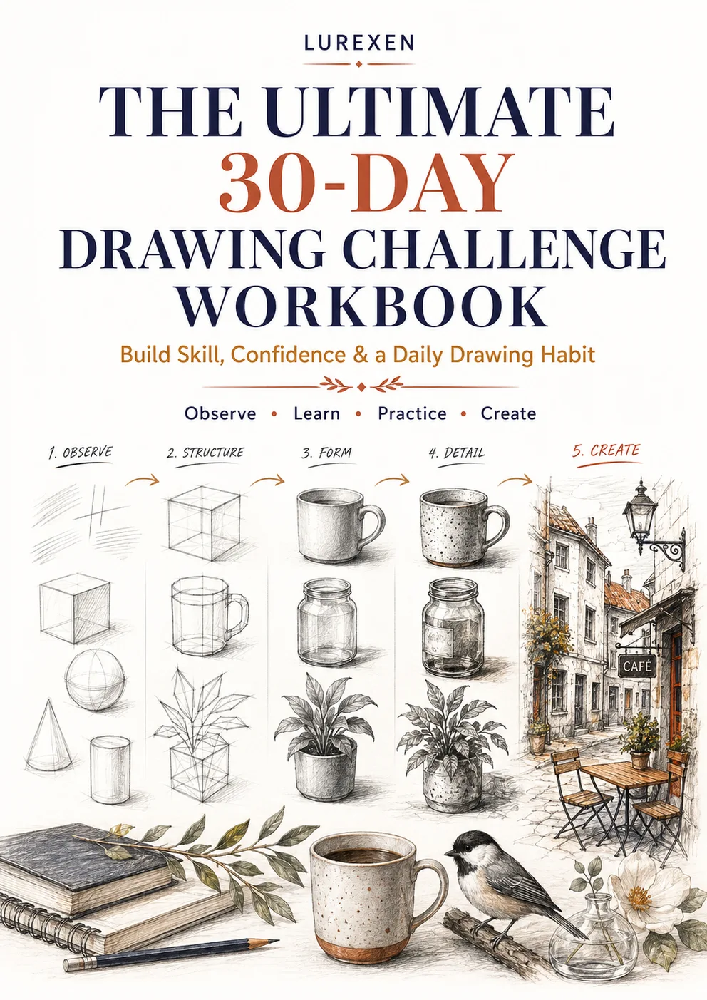 30 Day Drawing Challenge Workbook: Beginner Pencil Lessons and Daily Sketching Practice cover