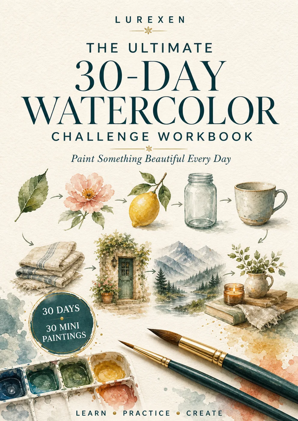 30 Day Watercolor Challenge Workbook: Daily Painting Lessons, Traceable Outlines and Guided Practice cover