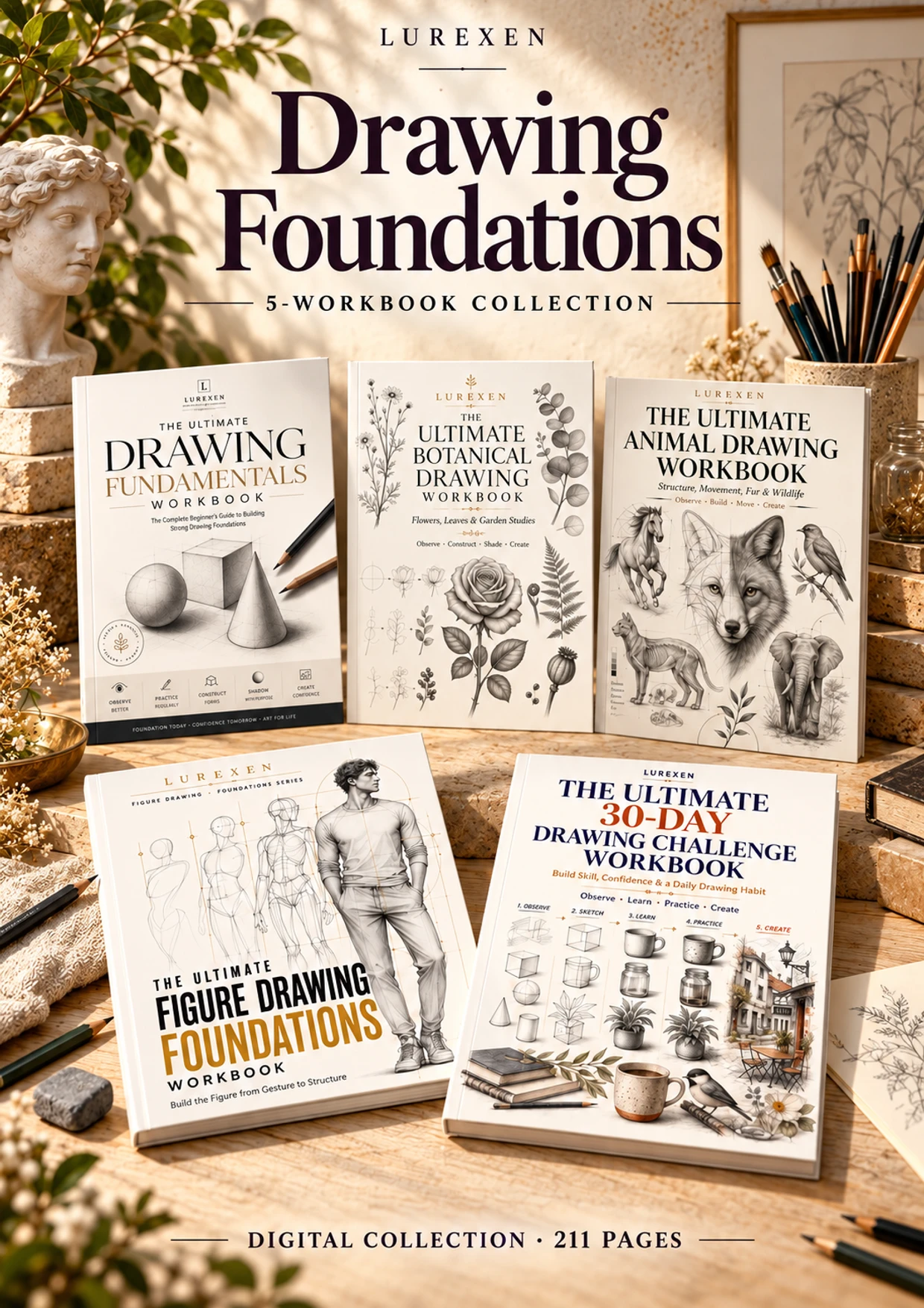 Styled Drawing Foundations Bundle: 5 Workbooks for Shapes, Botanicals, Animals and Figure Practice digital collection preview