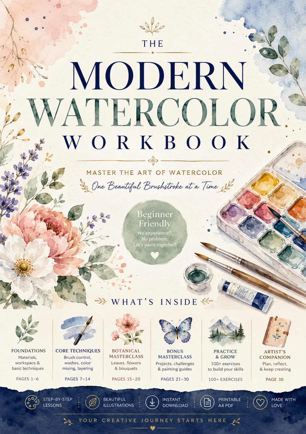 Modern Watercolor Workbook: Brushwork, Color, Natural Subjects and Creative Practice cover