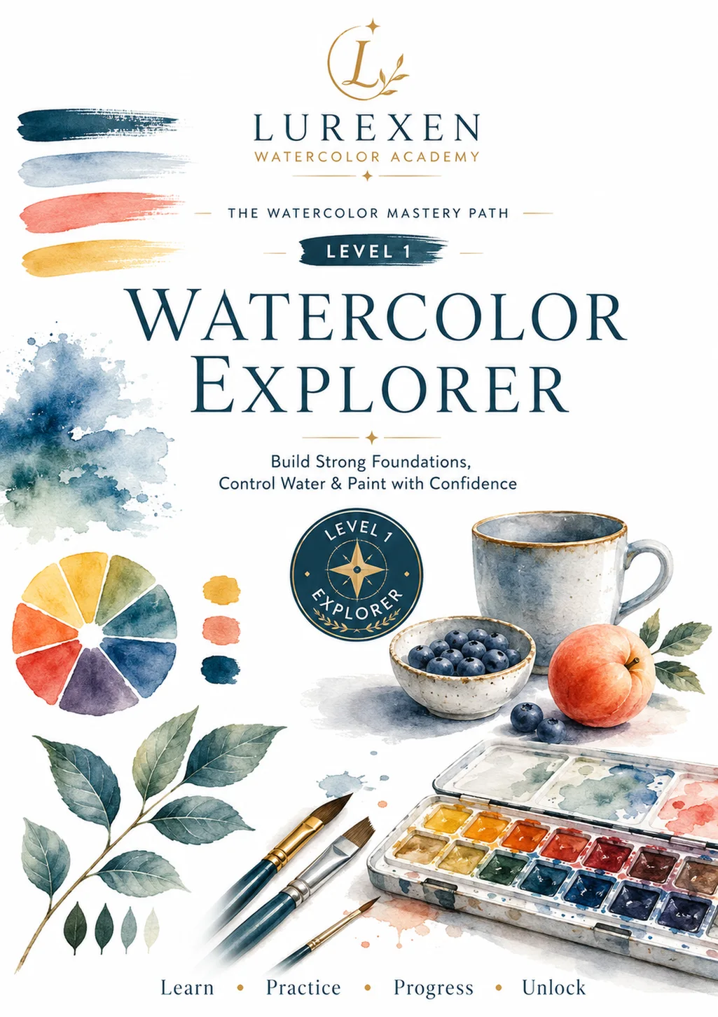 Watercolor Academy Level 1: Explorer Workbook - Foundations, Brush Control and Watercolor Practice cover