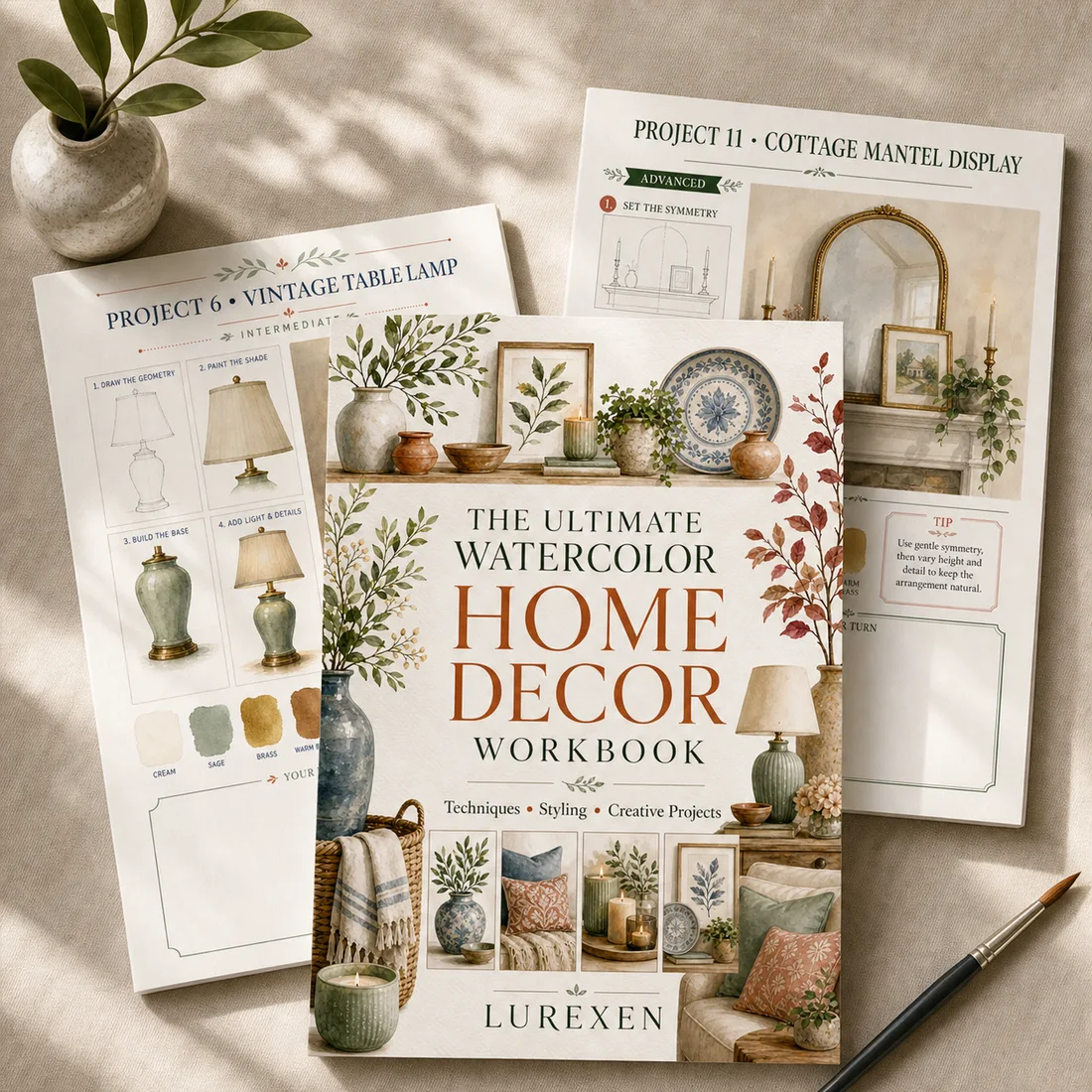Styled preview of the LUREXEN Watercolor Home Decor Workbook